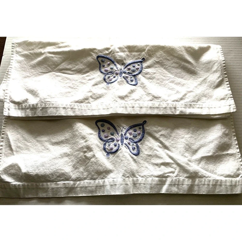 Pottery Barn Kitchen Tea Towel LOT of 2 Embroidered Butterfly Purple White